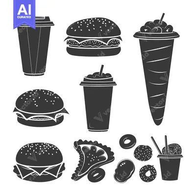 Aset premium populer: Black and White Silhouettes of Fast Food Items