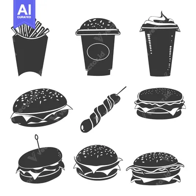 Black and White Silhouettes of Fast Food Items