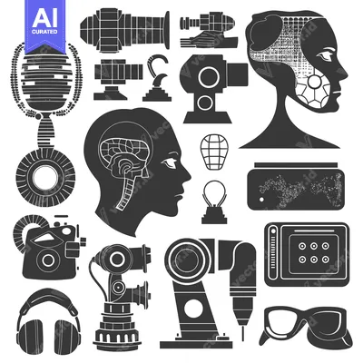 Aset desain premium: Black and White Silhouettes of Futuristic and Technological Objects