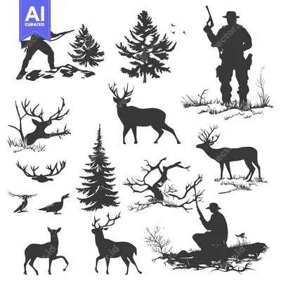 Aset desain premium: Black and White Silhouettes of Hunters, Deer, and Forest Scenes