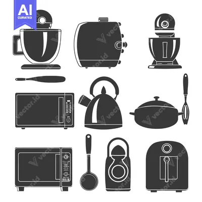 Aset desain premium: Black and White Silhouettes of Kitchen Appliances