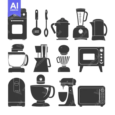Aset desain premium: Black and White Silhouettes of Kitchen Appliances