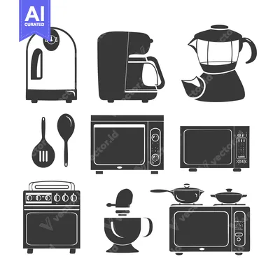 Aset desain premium: Black and White Silhouettes of Kitchen Appliances