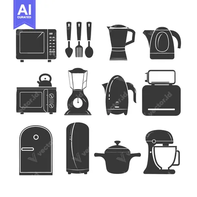 Aset desain premium: Black and White Silhouettes of Kitchen Appliances and Utensils