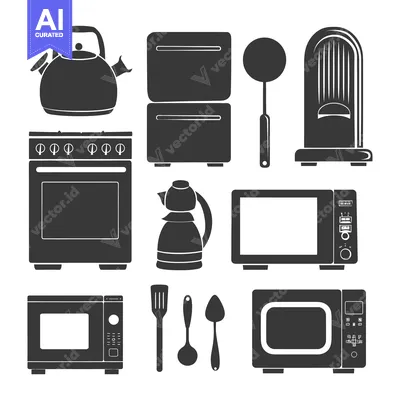 Aset desain premium: Black and White Silhouettes of Kitchen Appliances and Utensils