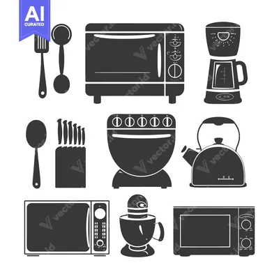 Aset desain premium: Black and White Silhouettes of Kitchen Appliances and Utensils