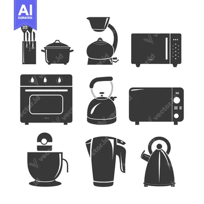 Aset premium populer: Black and white silhouettes of kitchen appliances and utensils