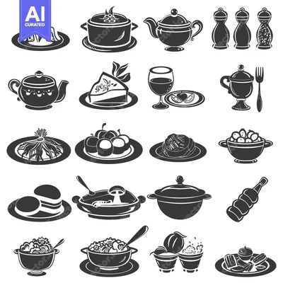 Aset premium populer: Black and White Silhouettes of Kitchen Utensils, Food, and Beverages