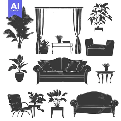 Aset premium populer: Black and White Silhouettes of Living Room Furniture and Plants
