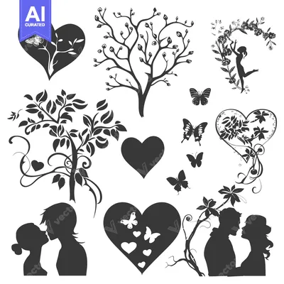 Premium design asset: Black and White Silhouettes of Love, Nature, and Butterflies