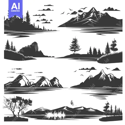 Aset premium populer: Black and White Silhouettes of Mountainous Landscapes with Trees and W