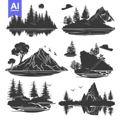 Popular premium asset: Black and White Silhouettes of Mountains, Forests, and Reflections