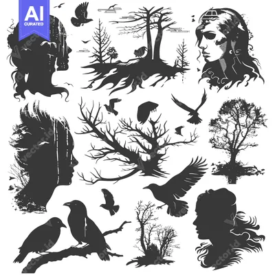 Aset desain premium: Black and White Silhouettes of Nature and Female Faces