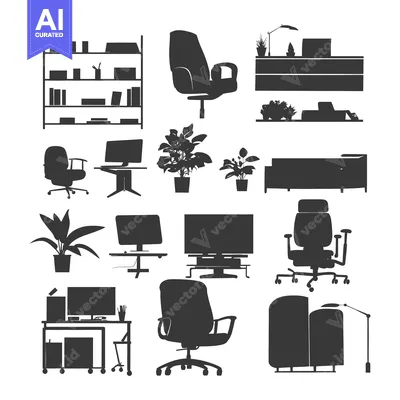 Aset premium populer: Black and White Silhouettes of Office Furniture and Plants