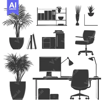 Black and White Silhouettes of Office Interior Elements