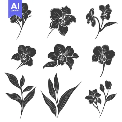 Aset premium populer: Black and White Silhouettes of Orchid Flowers and Leaves