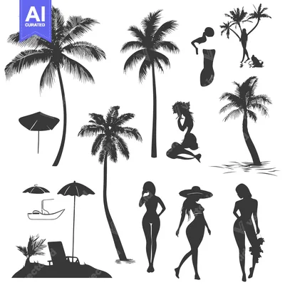 Aset premium populer: Black and White Silhouettes of Palm Trees, Women, and Beach Accessorie