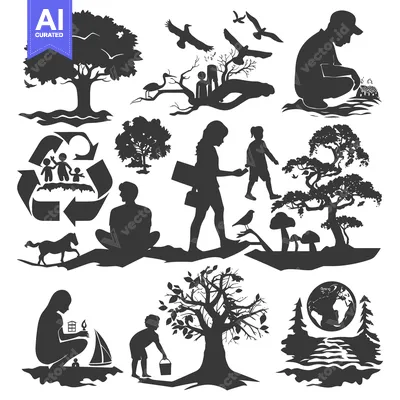 Popular premium asset: Black and White Silhouettes of People and Nature Illustrating Environm