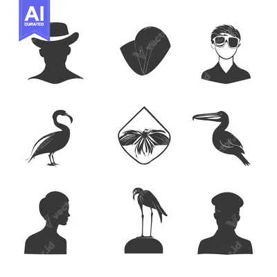 Aset desain premium: Black and White Silhouettes of People, Birds, and a Palm Tree