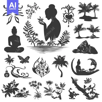 Premium design asset: Black and White Silhouettes of People, Plants, and Animals