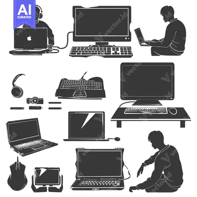 Aset desain premium: Black and White Silhouettes of People Using Computers and Other Device