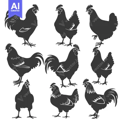 Aset desain premium: Black and White Silhouettes of Roosters and Hens