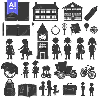 Popular premium asset: Black and White Silhouettes of School-Related Objects and People