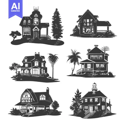 Aset premium populer: Black and White Silhouettes of Six Different Houses with Trees and Lan