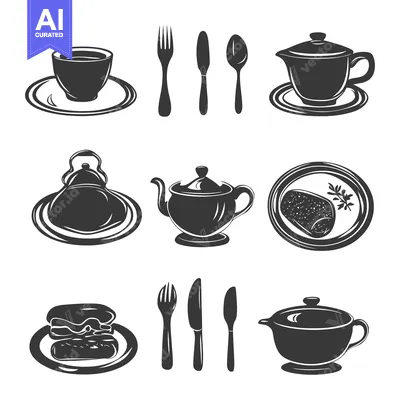 Black and White Silhouettes of Teacups, Teapots, Plates, Forks, Knives