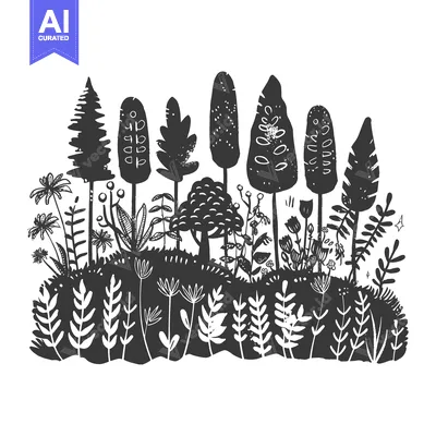 Aset desain premium: Black and White Silhouettes of Trees and Flowers in a Forest