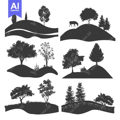 Premium design asset: Black and White Silhouettes of Trees and Hills
