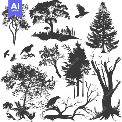 Popular premium asset: Black and White Silhouettes of Trees, Birds, and Shrubs