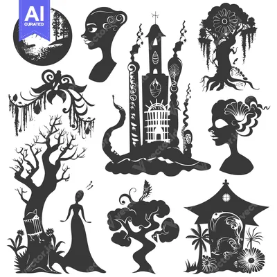 Black and White Silhouettes of Trees, Buildings, and People