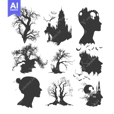 Popular premium asset: Black and White Silhouettes of Trees, Castles, and Human Profiles
