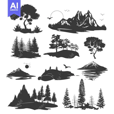 Aset desain premium: Black and White Silhouettes of Trees, Mountains, and Birds