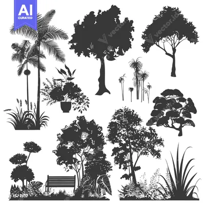 Aset premium populer: Black and White Silhouettes of Trees, Plants, and a Bench in a Park