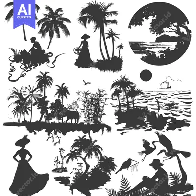 Aset desain premium: Black and White Silhouettes of Tropical Landscapes, People, and Birds
