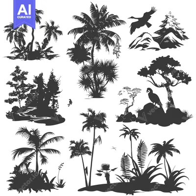 Premium design asset: Black and White Silhouettes of Tropical Plants and Birds