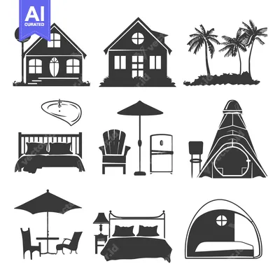 Aset premium populer: Black and White Silhouettes of Vacation Rental Amenities
