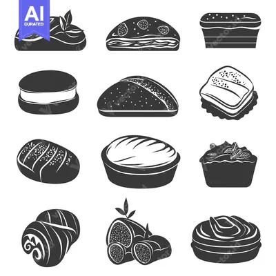 Aset desain premium: Black and White Silhouettes of Various Bakery Items
