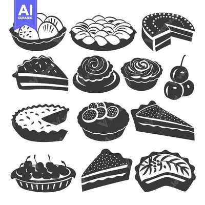 Premium design asset: Black and White Silhouettes of Various Cakes and Pies