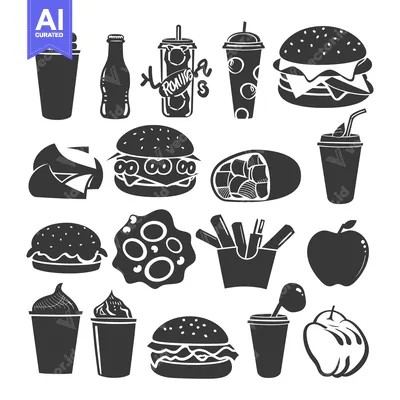 Black and White Silhouettes of Various Fast Food and Drinks