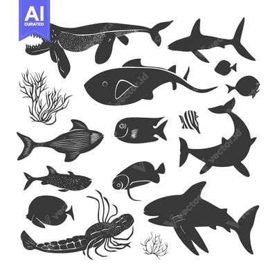 Aset desain premium: Black and White Silhouettes of Various Fish and Sea Creatures