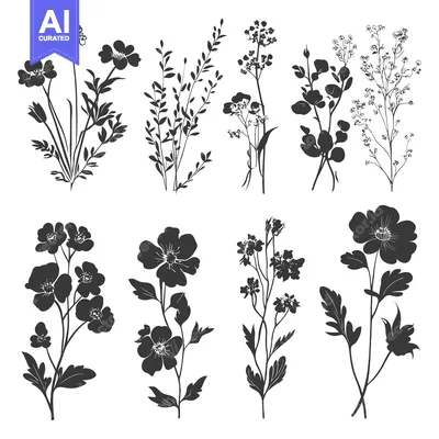 Premium design asset: Black and White Silhouettes of Various Flowers and Foliage