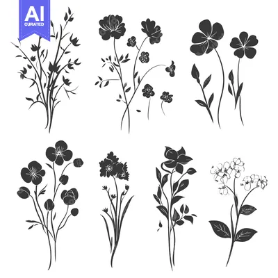 Aset desain premium: Black and White Silhouettes of Various Flowers and Plants