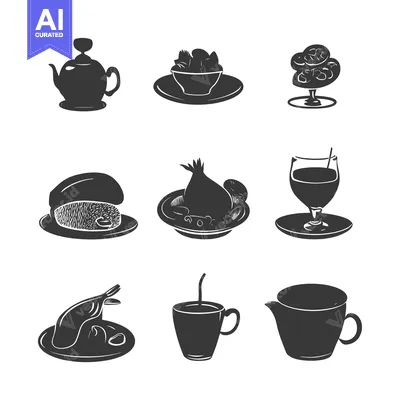 Aset premium populer: Black and White Silhouettes of Various Food and Drink Items