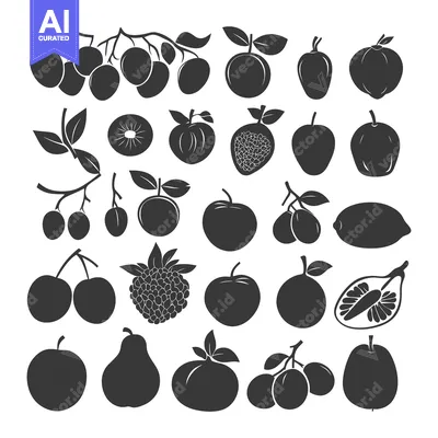 Black and White Silhouettes of Various Fruits