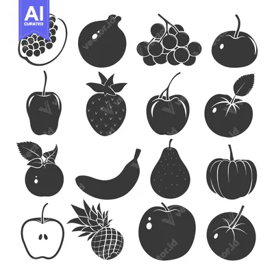 Black and White Silhouettes of Various Fruits and Vegetables