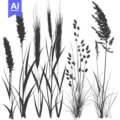 Aset desain premium: Black and White Silhouettes of Various Grass and Wildflowers