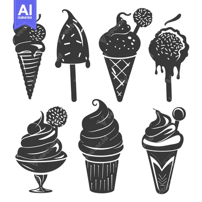 Aset desain premium: Black and White Silhouettes of Various Ice Cream Treats